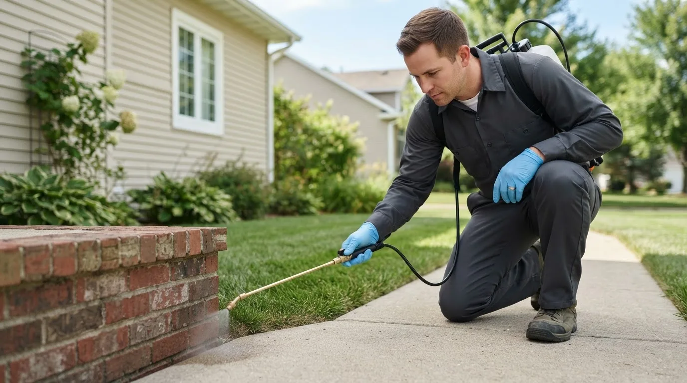 Pest control technician treating a home near Harrisburg, AR